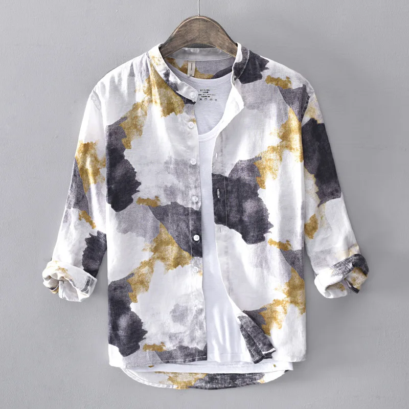 

Mens 100% Linen Printed Three Quaarter Sleeve Casual Shirt Men Stand Collar Social Business Flax Dress Shirts Male TS-505
