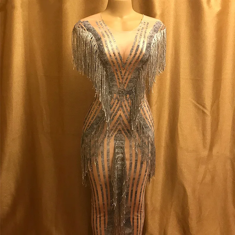 New Design Mesh See Through Fringes Dance Dress Birthday Celebrate Perspective Dress Evening Party Sleeveless Tassel Dresses