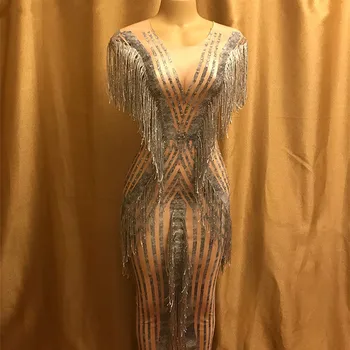 

New Design Mesh See Through Fringes Dance Dress Birthday Celebrate Perspective Dress Evening Party Sleeveless Tassel Dresses