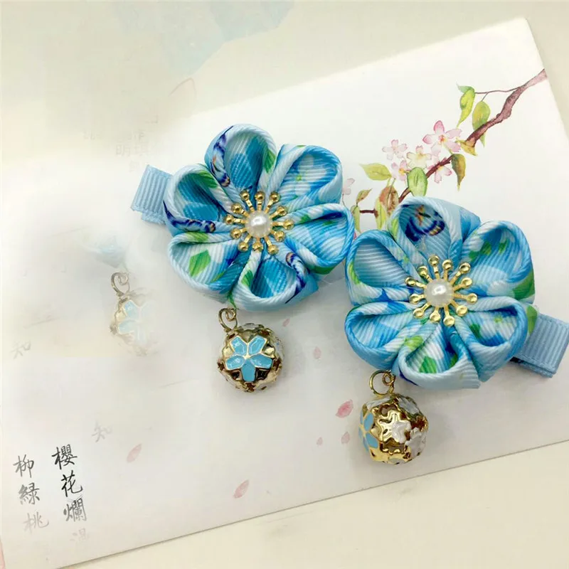 2 шт. Maru-tsuami Kanzashi цветок для детей красный розовый колокольчик традиционный японский стиль кимоно аксессуар заколка Гейша HW044 - Цвет: Синий