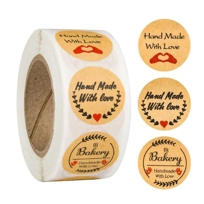 

500pcs/Roll Kraft Hand Made with Love Heart Stickers Seal Labels Scrapbooking