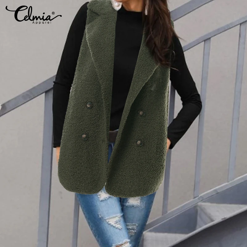 

2019 Celmia Women Faux Fur Coats Winter Warm Sleeveless Vest Casual Loose Waistcoat Button Plus Size Jackets Female Clothing 5XL