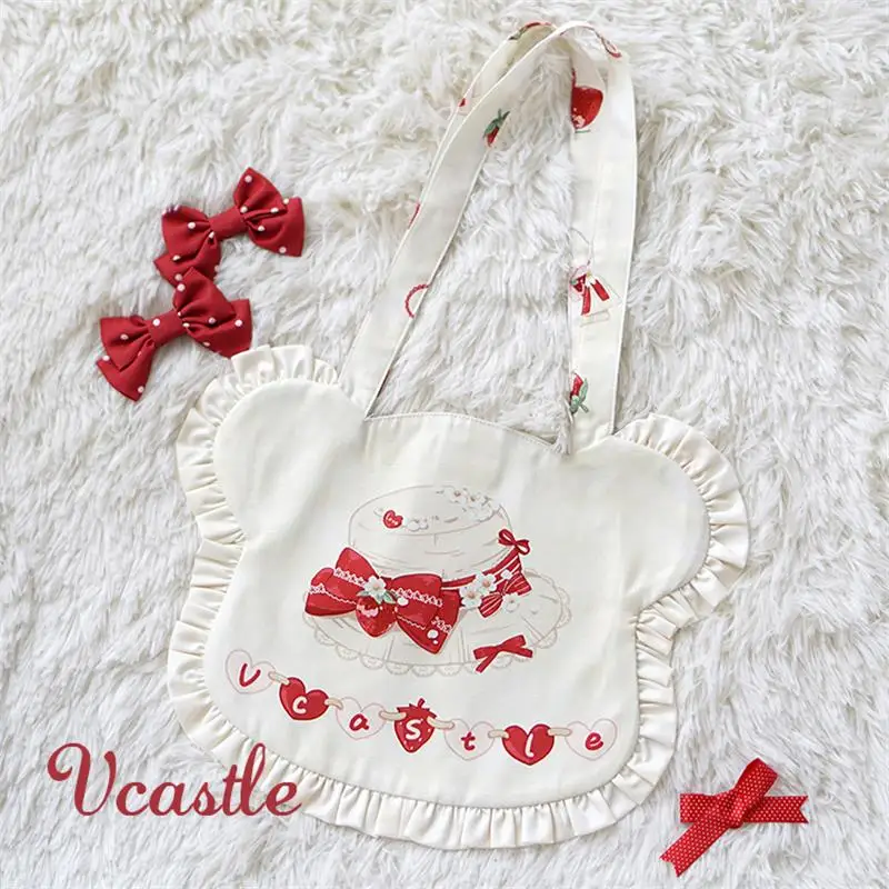 

Super Cute Strawberry Bear Head Handbag Cosplay Harajuku Lolita Ruffles Cloth bag Shoulder Bag Japanese Sweet Women Kawaii Bags