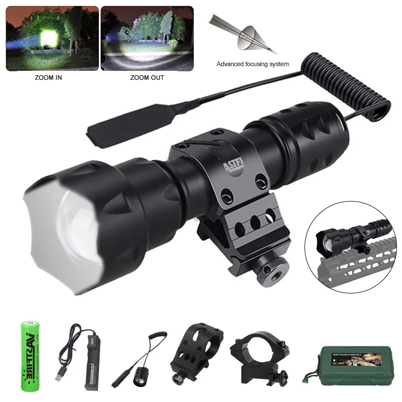 

T20 Zoomable Led Weapon Light 400 Yards White Tactical Hunting Flashlight+2*Rifle Scope Airsoft Mount+Switch+18650+Charger+Box