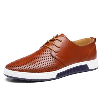 

New 2020 Men Casual Shoes Leather Summer Breathable Soft Holes leather Flat Shoes for Men Shipping Business Shoes large size