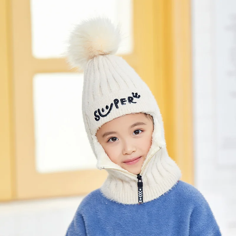 Зимняя шапка для детей, наушники с помпоном, детская теплая шапочка-шарф, коллекция года, вязаная шапка для девочек с толстой флисовой подкладкой для мальчиков - Цвет: Milk White