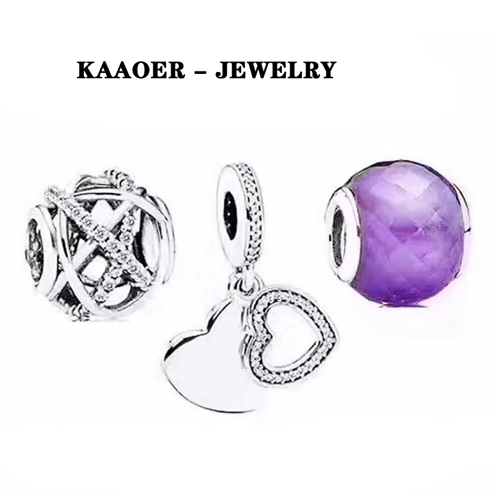 KAAOER 925 Серебряный кулон в форме сердца, полые бисерные стеклянные бусины, очаровательные элегантные фиолетовые серии сердец для женщин