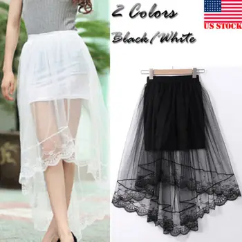 

Fashion Womens Lace Slip Tutu Skirt See Through Extender Knee Length A-Line Flower Underskirts Petticoats Long Skirt