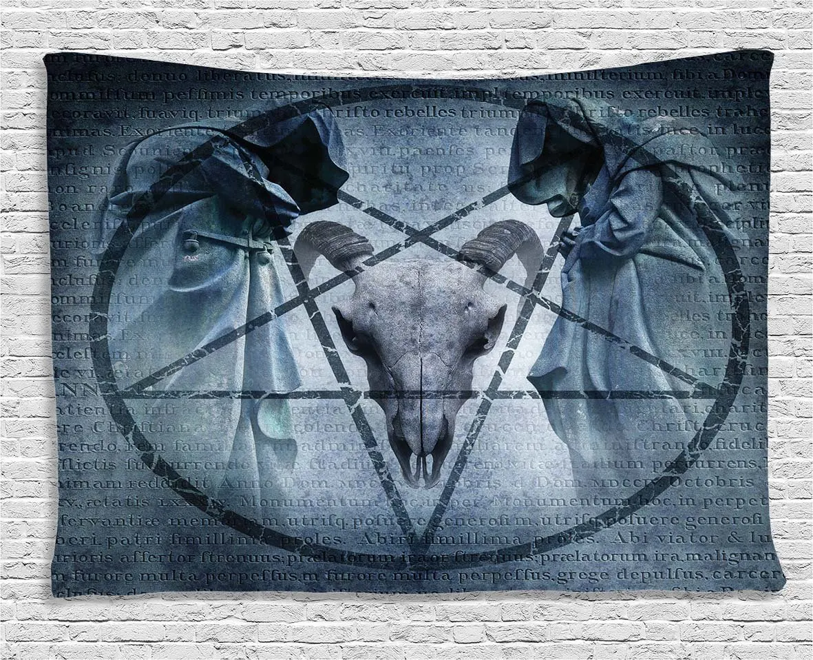 

Horror House Tapestry Artwork with Pentagram Goat Skull Devil Dream Hooded Exorcist Image Wide Wall Hanging