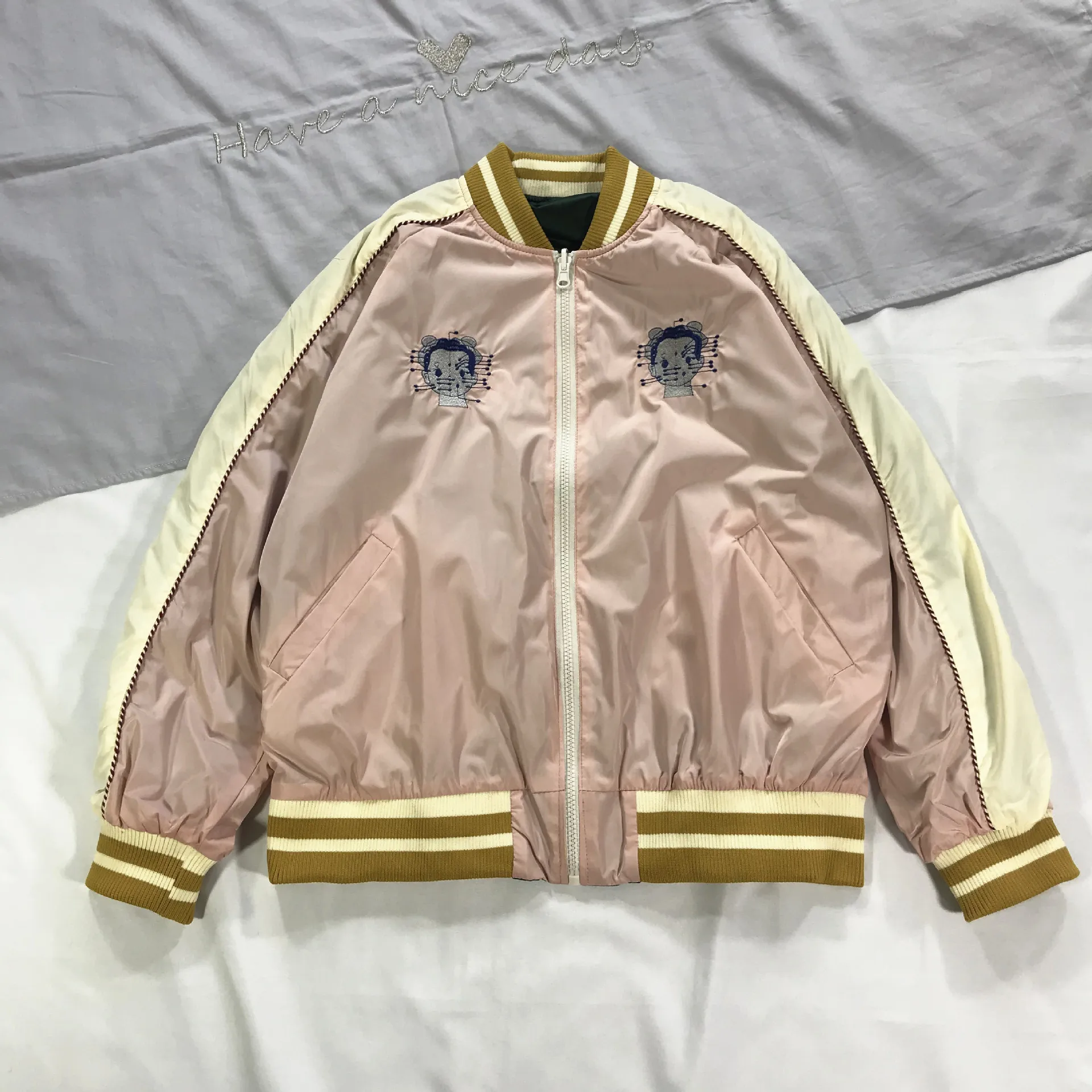 

Harajuku Play Tai Chi Acupoint Map Embroidered Reversible Baseball Uniform Coat Jacket