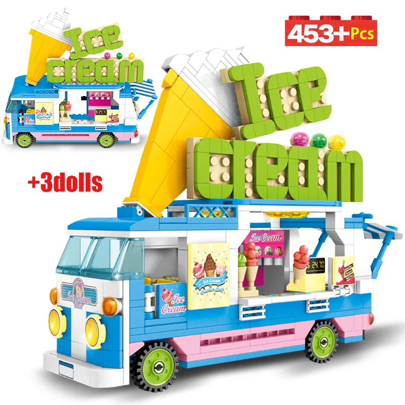 Billige 453 stücke Creator Stadt Eis Creme Auto Modell Bausteine Sets Legoingly Freunde Camping Auto Figures Bricks Spielzeug für Mädchen geschenke