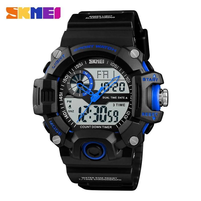 Blue Watch Для плавания, 50 м, водонепроницаемые спортивные часы, мужские уличные часы с хронографом, подсветка, двойной дисплей, наручные часы, мужские часы - Цвет: Blue Watch