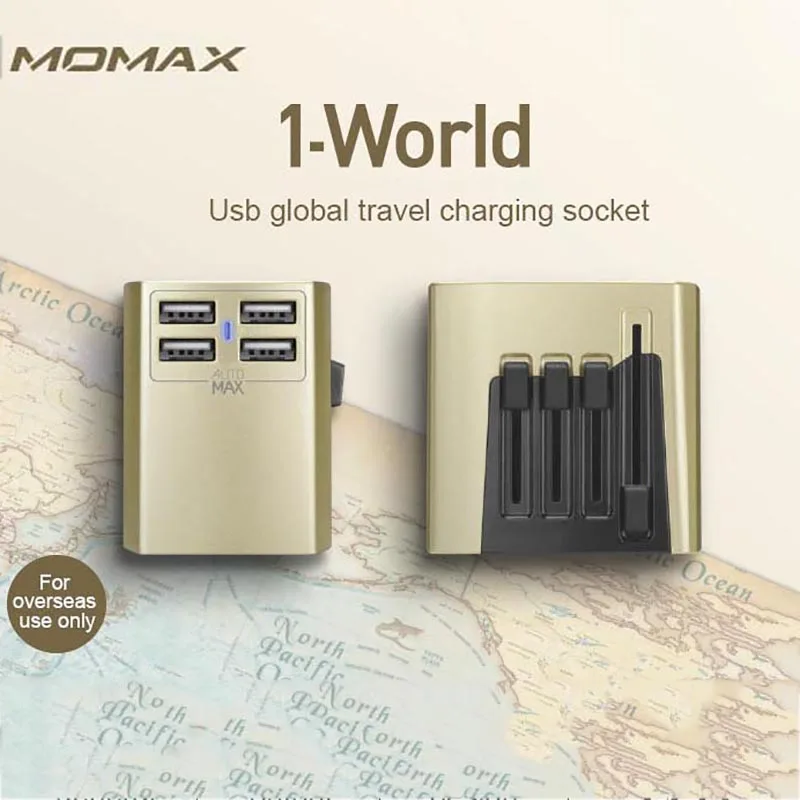 

Momax UA3 1-world elite global travel charging outlet 4USB Four kinds of plug AutoMax technology Delicate lightweight