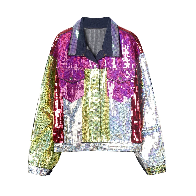 

Color sequined jacket female 2019 autumn and winter new Korean version of heavy work sparkling motorcycle jacket denim shirt