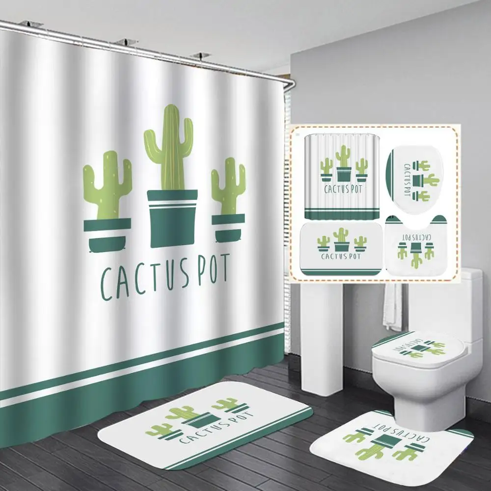 cactus Shower Curtain 4 Piece Carpet Cover Toilet Bath Mat Pad Set Bathroom with 12 Hooks | Дом и сад