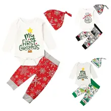 Рождественский комплект одежды для маленьких девочек и мальчиков, комплект из 3 предметов, Одежда для новорожденных с надписью «My First christmas», комбинезон+ штаны, наряд, повязка на голову, 0-18 месяцев