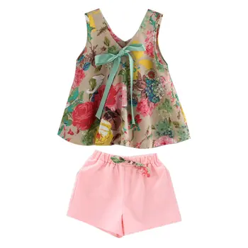 

2018 Toddler Girl Summer Clothing Set Floral Rose Vest + Shorts Pink Kids Clothes Girls Shirt Pants Suit Brand Children Clothing