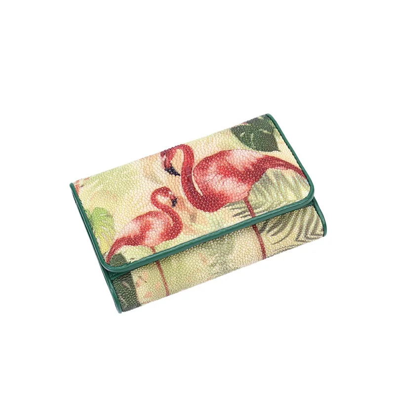 

Flamingo Pattern Women Short Card Wallet Authentic Real Stingray Skin Lady Coin Pocket Genuine Leather Female Small Clutch Purse