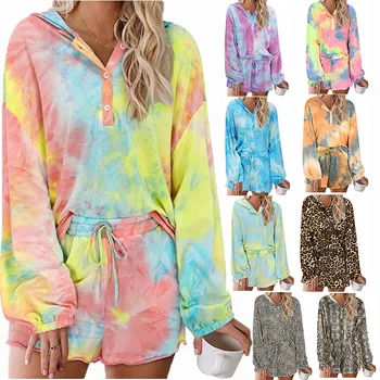 

Autumn Women Tie Dye Printed Leopard Short Pants+tops Long Sleeve Pajamas Casual Loungewear Nightwear Sleepwear Ladies PJ 2 Set