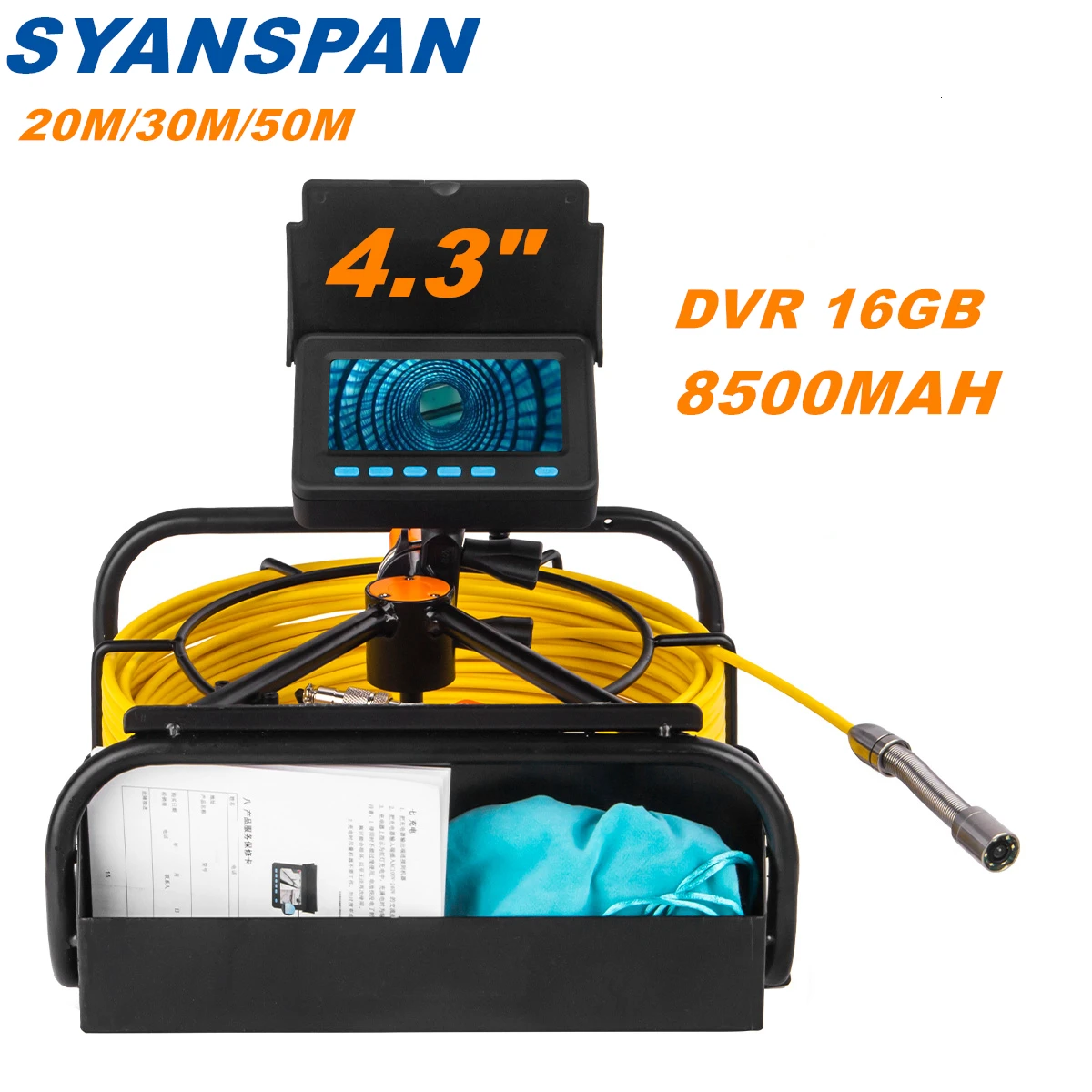 Cámara de Inspección de Tuberías con DVR 16GB tarjeta FT, SYANSPAN drenaje de alcantarillado endoscopio Industrial IP68 8500MHA batería 10/20/30/50M