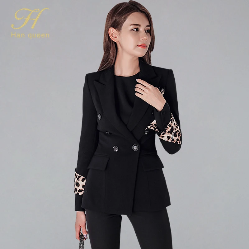 

H Han Queen Leopard Patchwork Turn-down Collar Trench Women Autumn Full Sleeve Formal Business Tops Double-breasted Outwear Coat
