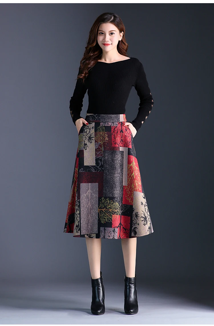 Beiyingni Зимняя юбка для женщин, большие размеры, винтажные юбки с высокой талией, юбка с цветочным принтом, Офисная Женская юбка Saia Faldas