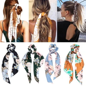 

Fashion Flower Print Long Ribbon Hair Scarf Satin Elastic Hair Bands Hair Ties Scrunchies Women Girls Hair Styling Accessories