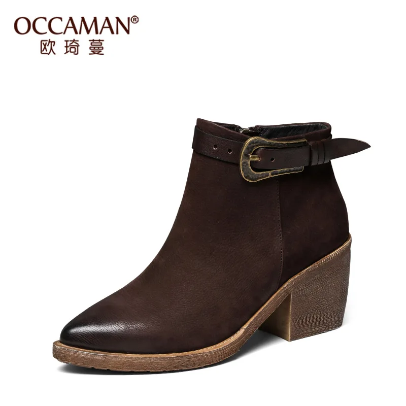 

OCCAMAN Women Boots British Style All Match Casual Fashion Pointed Toe Grain Leather Nubuck Boots 95077