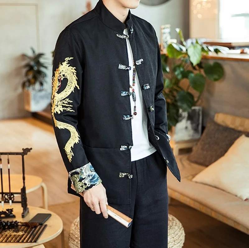 Traditional Chinese Style Embroidery Dragon Hanfu Blouse Tang Suit Men Kungfu Shirts Tops Jacket Cheongsam New Year Coats KK3246