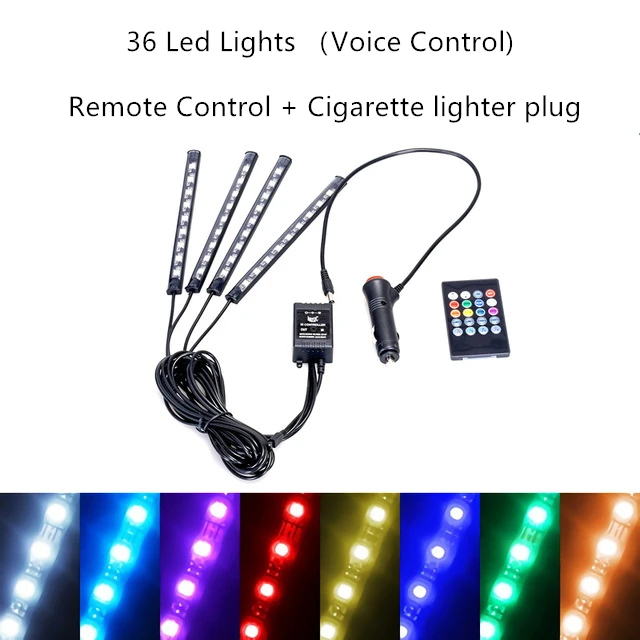 Car Interior Light RGB LED Decorative Light Strip With USB Wireless Remote Music Control Multiple Modes Car Foot Light 36LED Cigar Remote