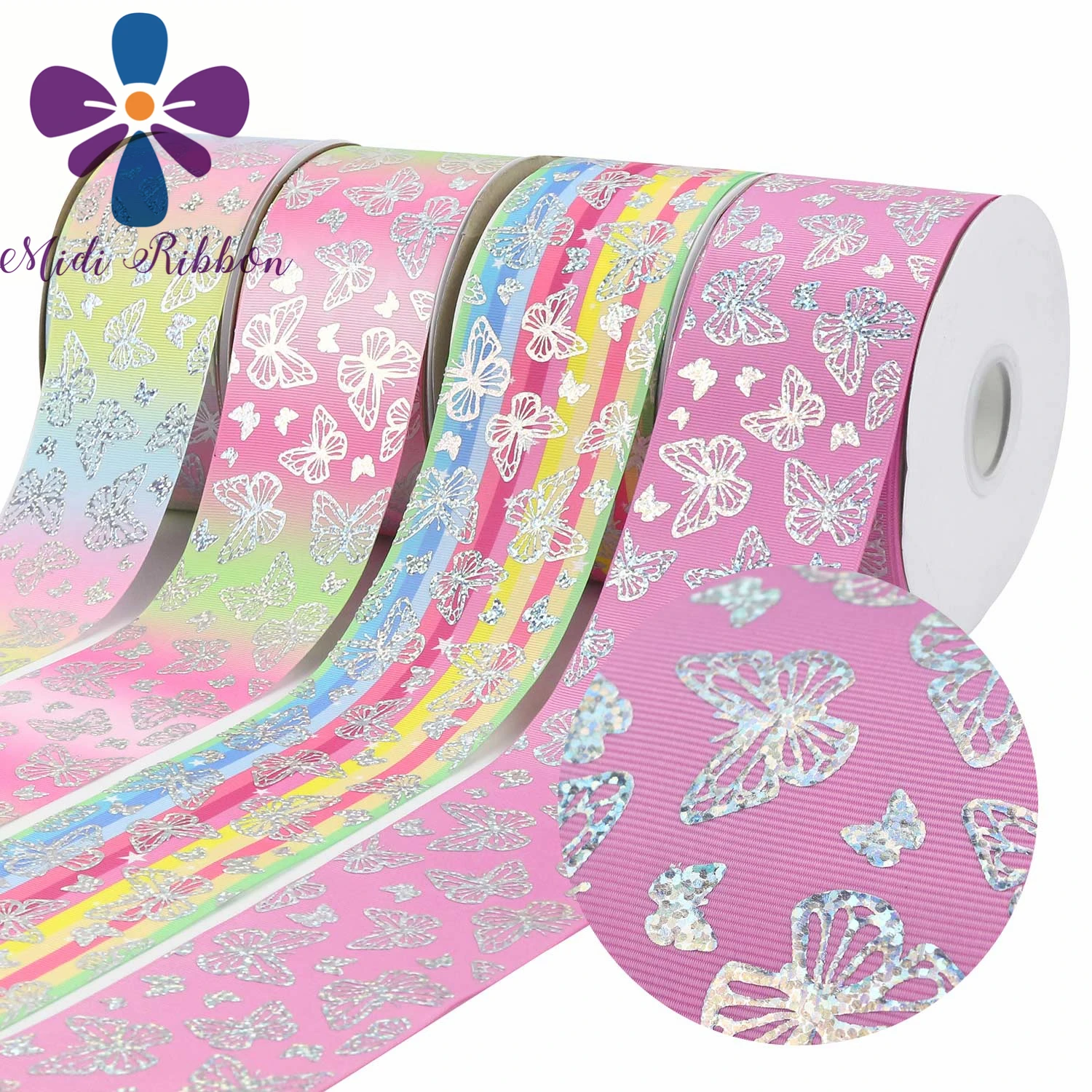 

3 Inch 75mm 50Yards Grosgrain+ Silver Hologram Butterfly Hot Sale Japanese Anime Pattern Printed Ribbon Handmade Bow Material