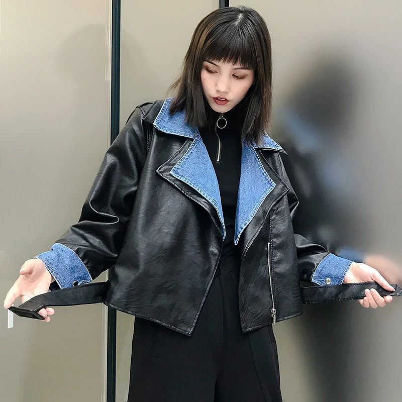 Черная Женская куртка из искусственной кожи, джинсовое пальто в стиле пэчворк, женская уличная куртка на шнуровке, мотоциклетная куртка-бомбер, женская кожаная куртка