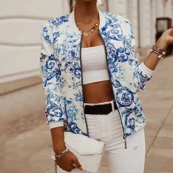 

Oversize Printed Jacket Vintage Floral Coat Female Flower Chiffon White Jacket Women Pockets Zipper Long Sleeve Spring 2020 Slim