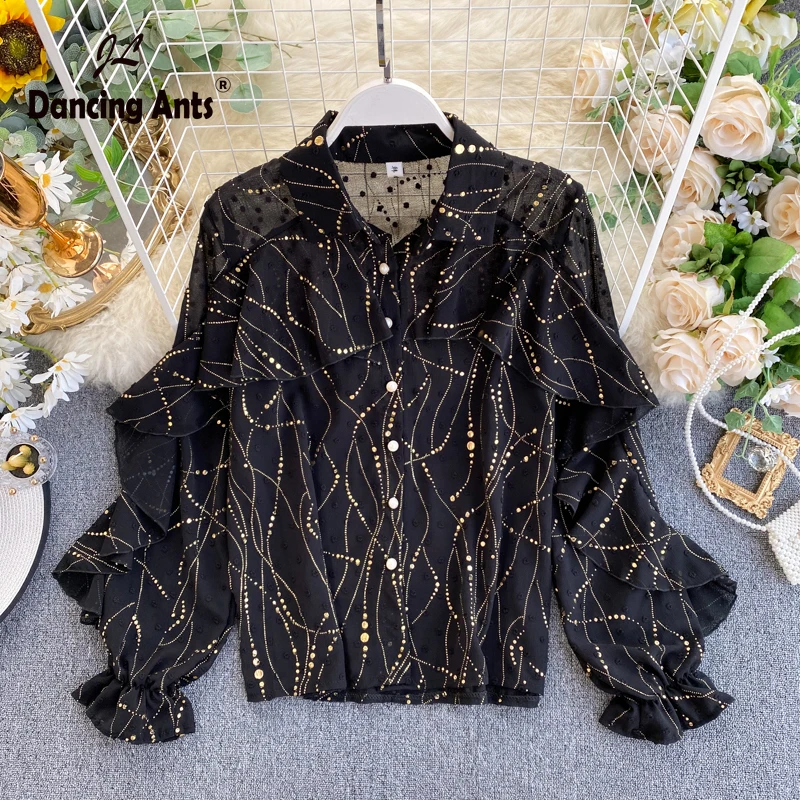 Женские рубашки с оборками и рукавами-фонариками свободные блузки отложным