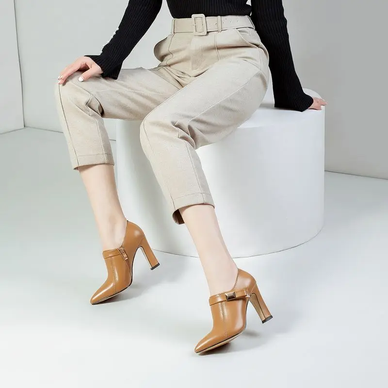 ALLBITEFO high quality genuine leather women heels fashion pointed toe high heel shoes spring autumn office ladies shoes