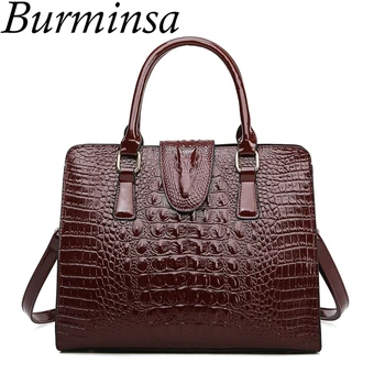 

Burminsa Winter Crocodile Skin Women Handbags For Mom Patent PU Leather Female Shoulder Bags Large Capacity Lady Messenger Bags