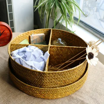 

Grass Pure Handmade Woven Basket Rattan Box Desktop Storage Baskets Cosmetics Sundries Holder