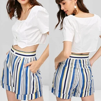 

White Solid Color Tee Frilled Striped Shorts Round Neck Short Sleeve Set Summer Women Casual Suit