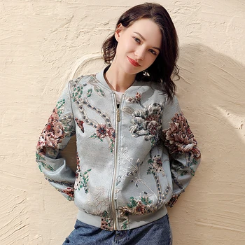 

Bomber Jacket Women Embroidered Beading Vintage Jacket Casual Coat Punk Outwear L Baseball Stand Collarong Sleeve Coat Fashion