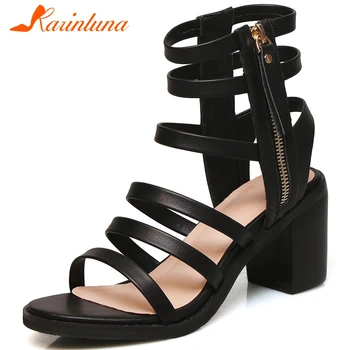 

Karinluna 2020 New Arrivals Gladiator Sandals Women Shoes Genuine Leather Chunky Heels Zip Up Concise Shoes Woman Sandals Female