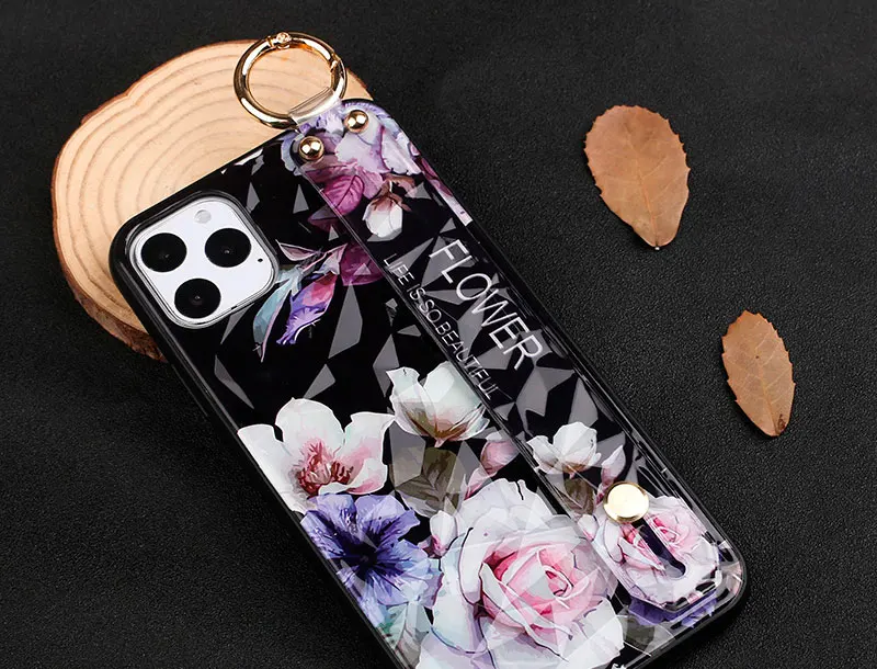 Diamond Texture Retro Flower Wrist Strap Case for Etui iPhone 8 Plus 6 6S 7 11 Pro Max Hard Phone Holder Cover for iPhone 11 XR
