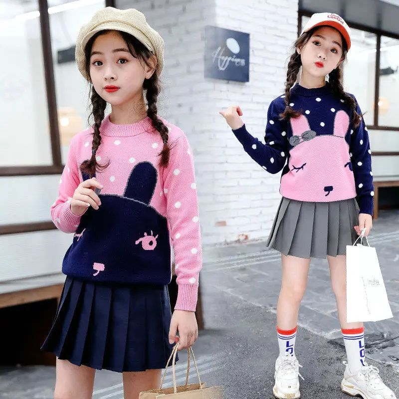 

Kid's Sweater Cute Rabbit Pattern Top Girls Autumn Winter Cotton Sweater Children Clothes Knitted Pullover Sweaters 5-14 Years
