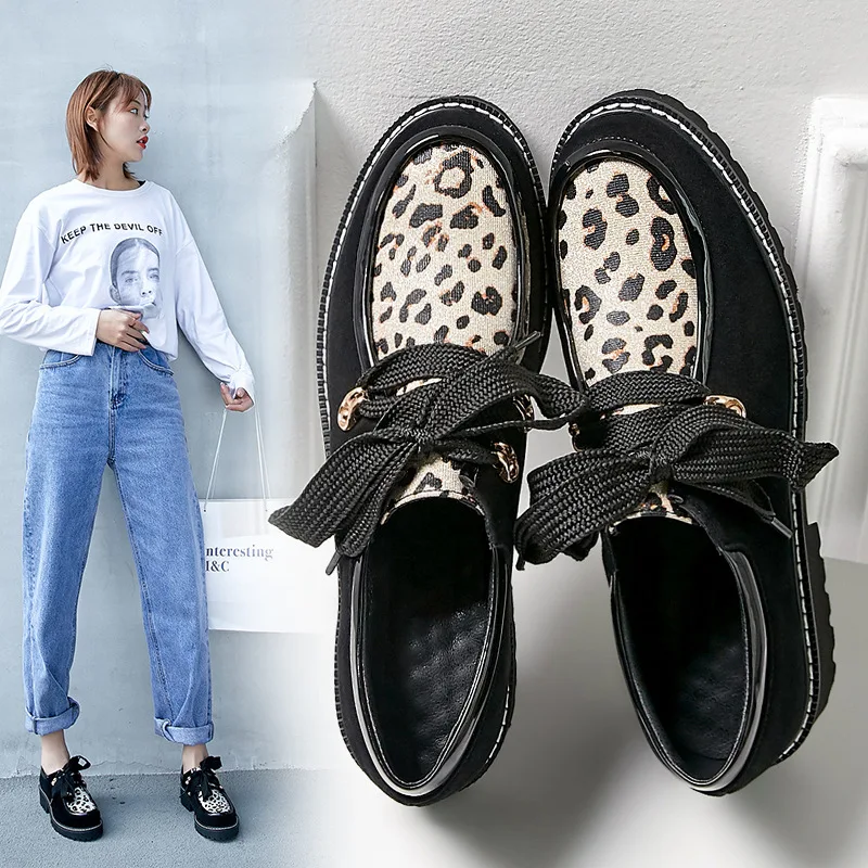 

2019 Spring New Style Casual Leather Shoes Women's round-Toe Deep Mouth Lace-up Low Heel Shoes Mixed Colors Leopord Pattern Engl