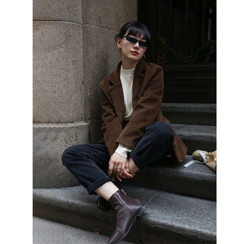 Women Vintage Corduroy Blazers Beige Brown Loose Single Breasted Suits 2023 Woman Office Work Blazer Spring Autumn Warm Clothing