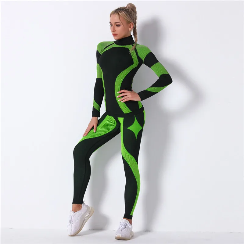 Sports Yoga Suits 2Pcs/Set Women Fitness Gym Tracksuits Turtleneck Clothes Long Sleeve Fitness Crop Top High Waist Yoga Leggings