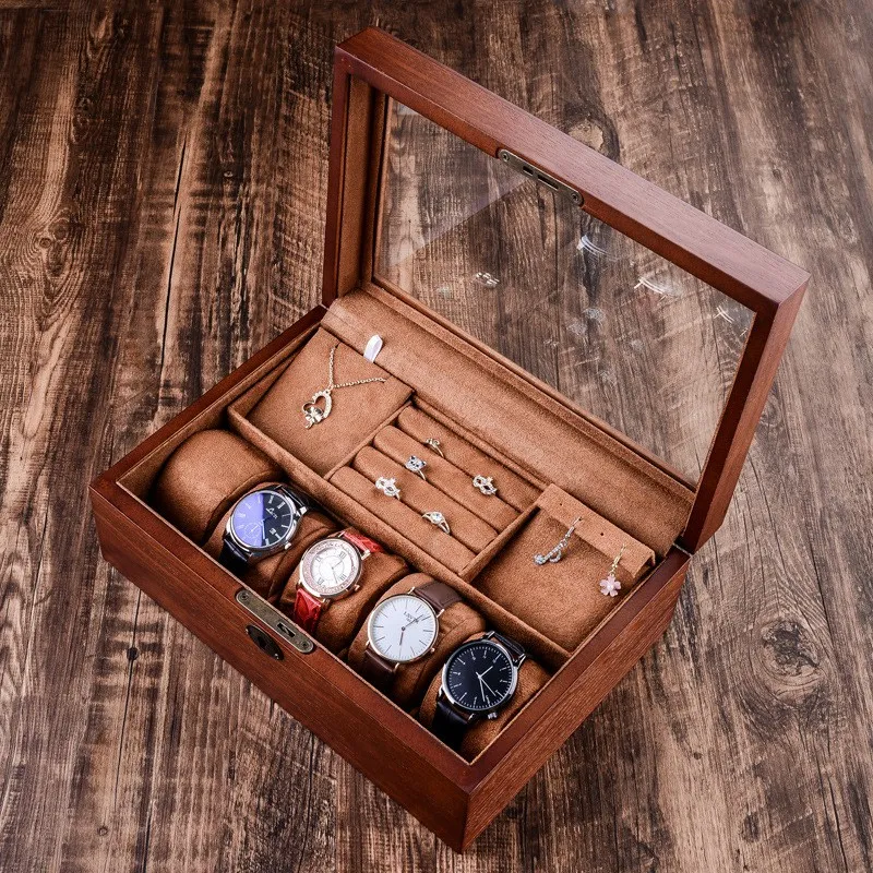 

High-Grade Vintage Wood Jewelry Box Necklace Ring Bracelet Jewelry Storage Box Double Layer with Lock Yellow Interior