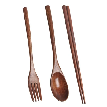 

Wooden Cutlery Set Portable Eco Friendly Reusable Flatware Utensils Set Spoon Fork Chopsticks for Camping Office Lunch