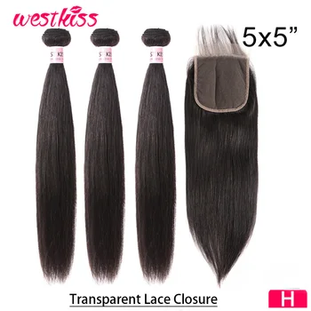

5x5 Transparent Lace Closure With Bundles Brazilian Straight Human Hair 3 Bundles With Closure High Ratio Remy West Kiss Hair