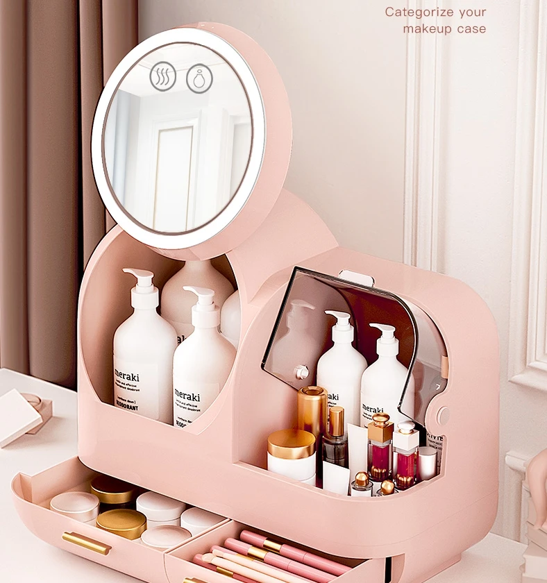 Fashion Makeup Organizer BOX USB Rechargeable Cosmetic Storage Box Jewelry Container Dustproof Drawer Waterproof Mirror LED Lamp