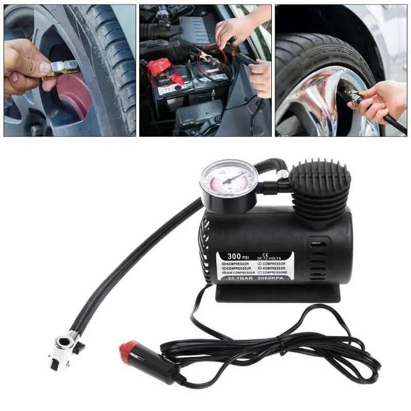 

DC 12V 300PSI Auto Car Tire Inflator Auto Air Compressor Tire Pump with Pressure Gauge for Car Bicycle Ball Rubber Dinghy